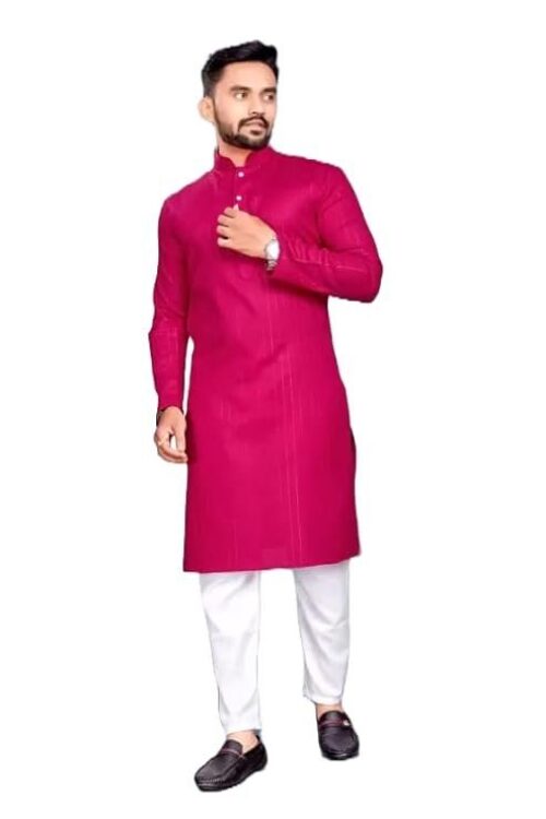 Mens’ Cotton Straight Zari Lining Kurta (in, Alpha, XS, Rani)