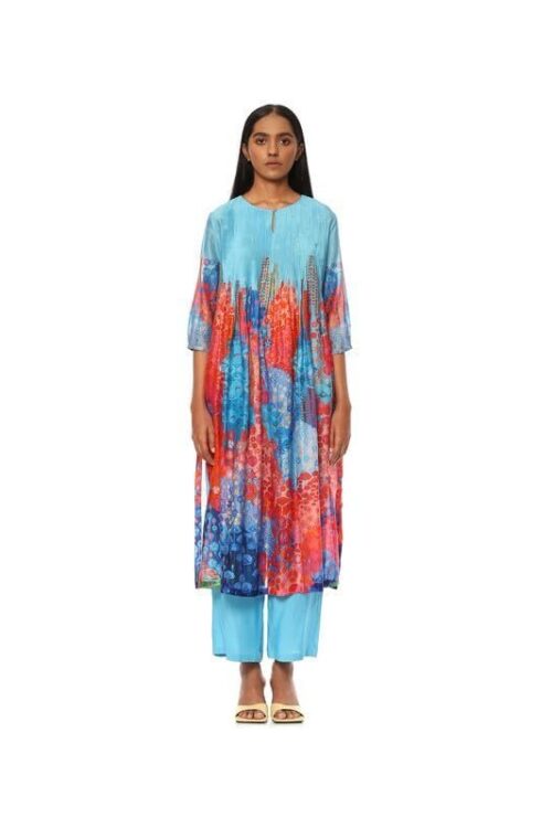 Blue Powder Chanderi Printed Kurta Bottom Set for Women
