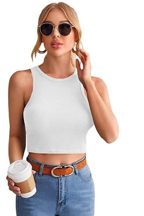 Women’s Basic Sleeveless Crop Top Halter Neck Racer Back Rib Knit Tank b-CT-02