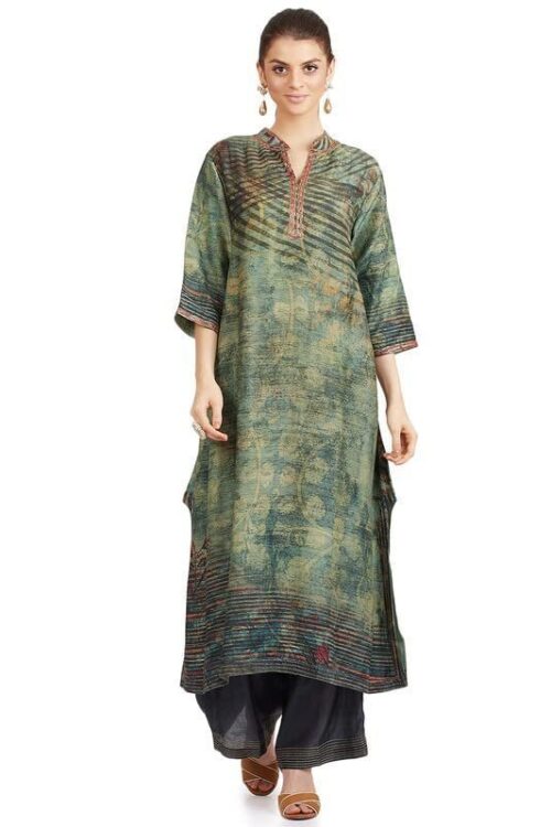 Green Cyan Banarasi Kurta Bottom Set