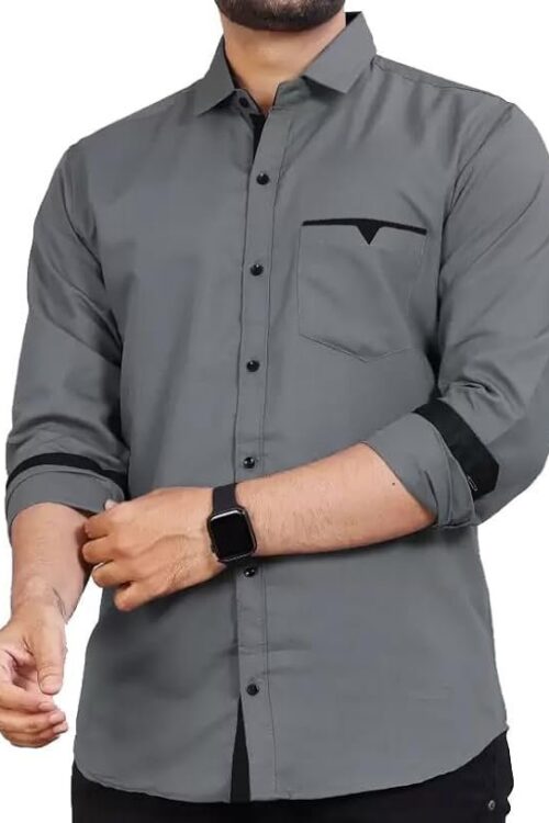 Men’s Regular Fit Solid Soft Touch Cotton Casual Shirt with Pocket Design with Spread Collar & Full Sleeves