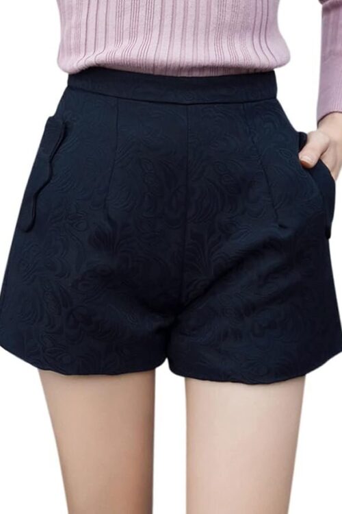 Women High Waist Floral Jacquard Two Pockets Padded Shorts