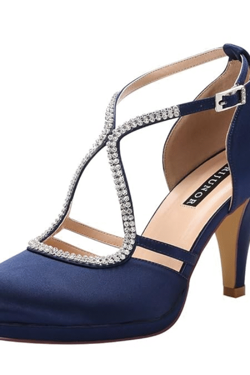 ERIJUNOR Women Comfort Low Heel Closed-Toe Ankle Strap Platform Satin Bridal Wedding Shoes