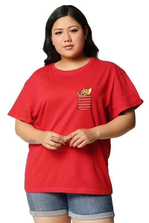 Official Tom & Jerry Merchandise Women’s 100% Cotton Graphic Print Boyfriend Fit Round Neck Plus Size T-Shirt