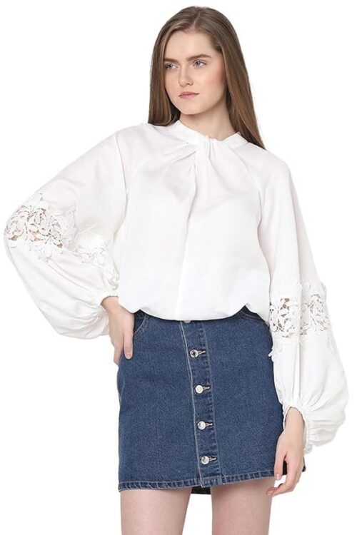 VERO MODA Tie-Up Neck Puff Sleeves Gathered Lace Detail Top