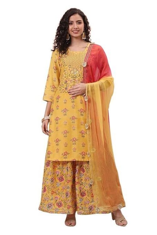 Rangriti Women Polyester Printed Yellow Suit Set