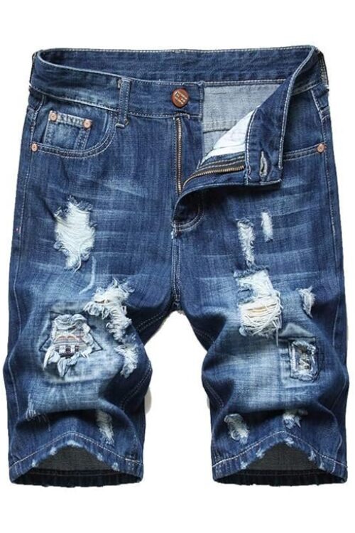 Men’s Moto Biker Jeans Shorts Ripped Distressed Denim Shorts with Broken Hole