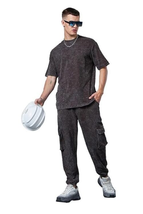 Heavy Duty 1.0 Men’s Self Design Oversized Fit Half Sleeve Round Neck Terry Acid Wash Co-Ordinates T-Shirt