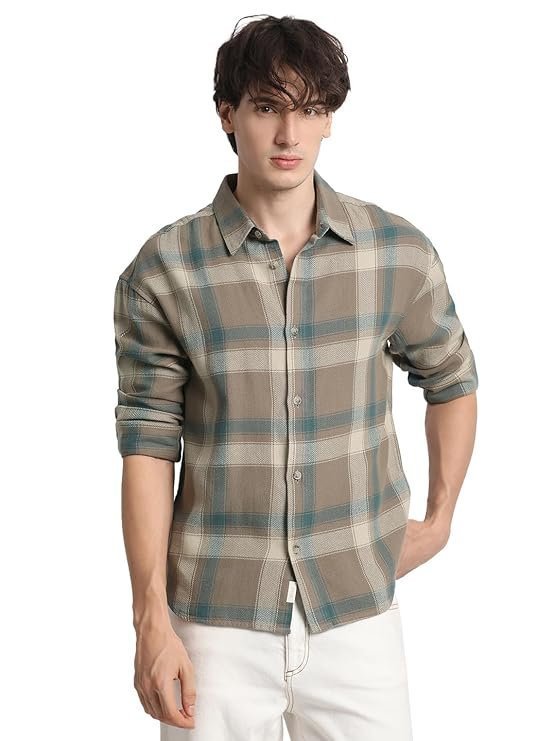 THE BEAR HOUSE Men's Brown Checked Relaxed Fit Cotton Casual Shirt