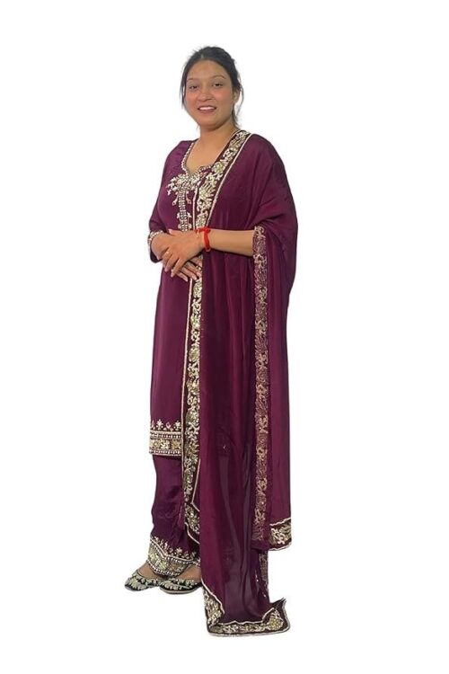 Women Embroidered Salwar Suit Set | Salwar Suit Fully Hand Work Embroidered | Punjabi Suit with Dupatta Set, Crepe with Polester Blend Fabric | Ethnic Wear & Stylish Suits | Maroon Color