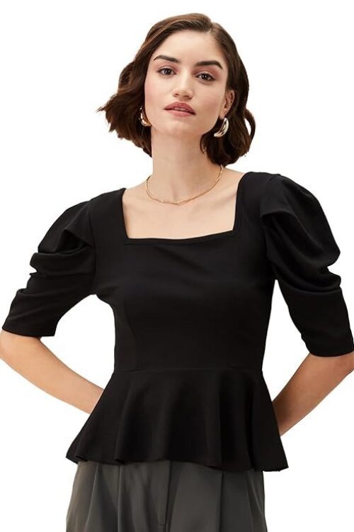 Women’s Solid Crepe Square Neck Puff Sleeve Regular Fit Peplum Knit Top