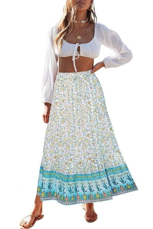 Women’s 2023 Bohemian Floral Printed Elastic Waist A Line Maxi Skirt with Pockets, Lake Blue, Small