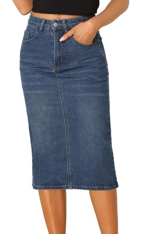 Casual Denim Skirt for Women’s High Waist Split Back Pockets Midi Jean Skirts