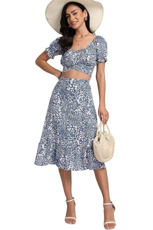 Women’s 2 Piece Outfits Floral Self Tie Knot Crop Top and Midi Skirt Set, 2#blue, Small