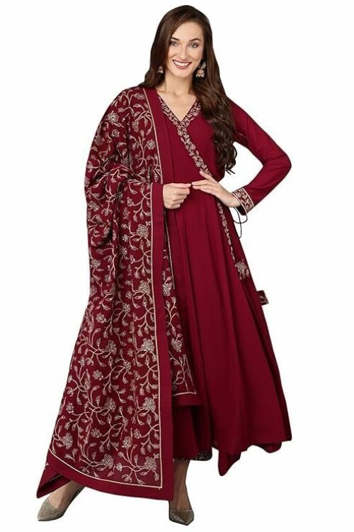 Vaamsi Women’s Georgette Embroidered Flared Angrakha Pant With Dupatta With Inner