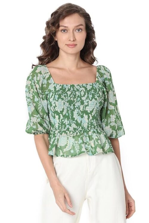 VERO MODA Floral Printed Puff Sleeve Cinched Waist Crop Top